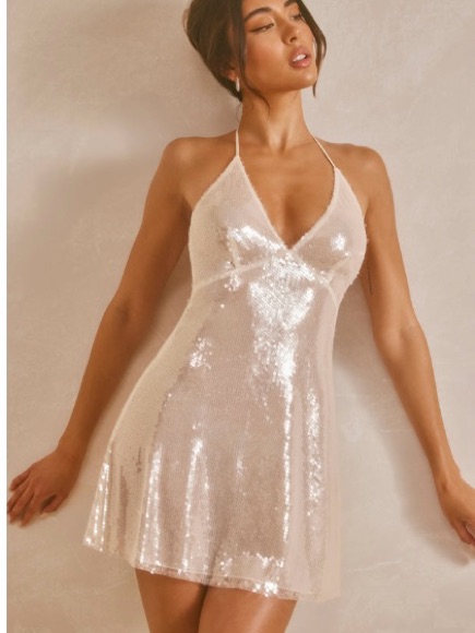 Oh Polly Champagne Sequin Halter Mini Dress